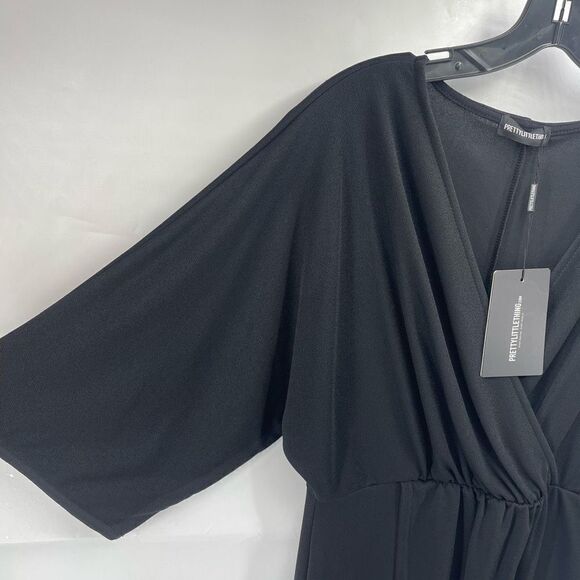 Pretty Little Thing Shift Dress Cocktail deep V Neck Wrap Stretch Black NEW 8 - Picture 7 of 13